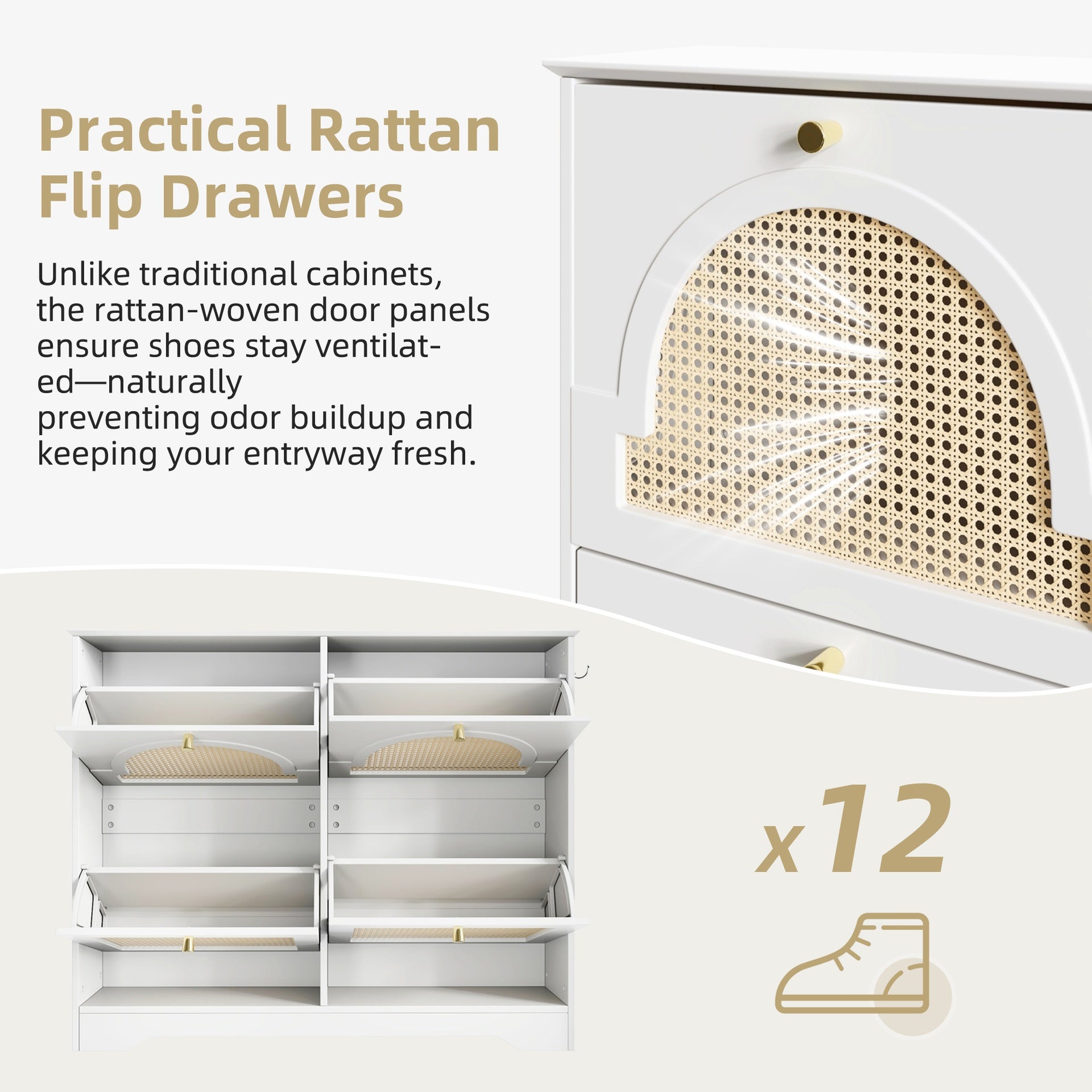 Mid-Century Narrow Design Tipping Bucket Shoe Cabinet with 4 Flip Drawers, Elegant Entryway Shoe Organizer with 4 Rattan Doors, Freestanding Shoe Rack with 2 Silvery Hooks for Hallway, White, 42.1"W