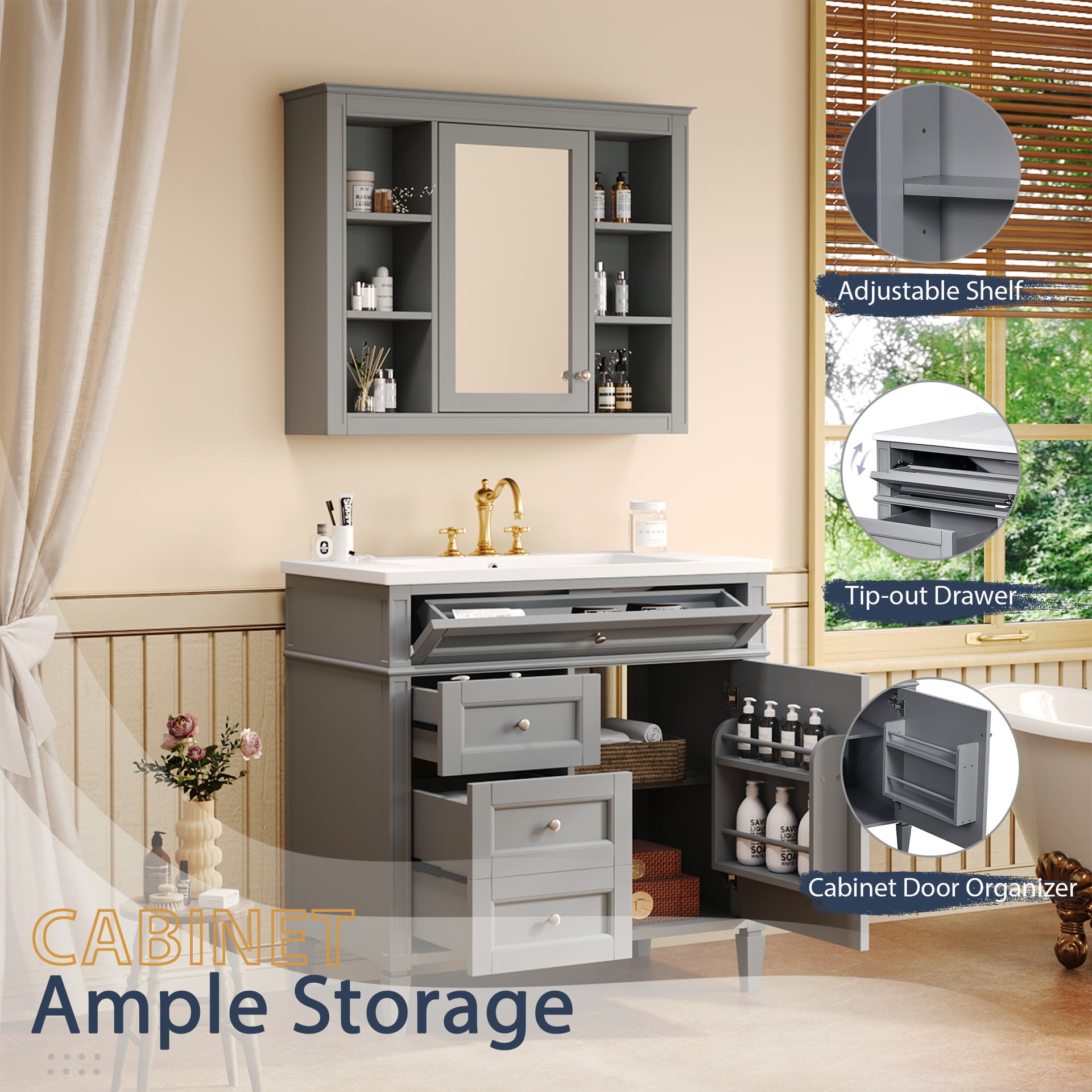 36'' Bathroom Vanity with  Medicine Cabinet, Modern Bathroom Storage Cabinet with 2 Soft Closing Doors and 4 Drawers, Single Sink Bathroom Vanity