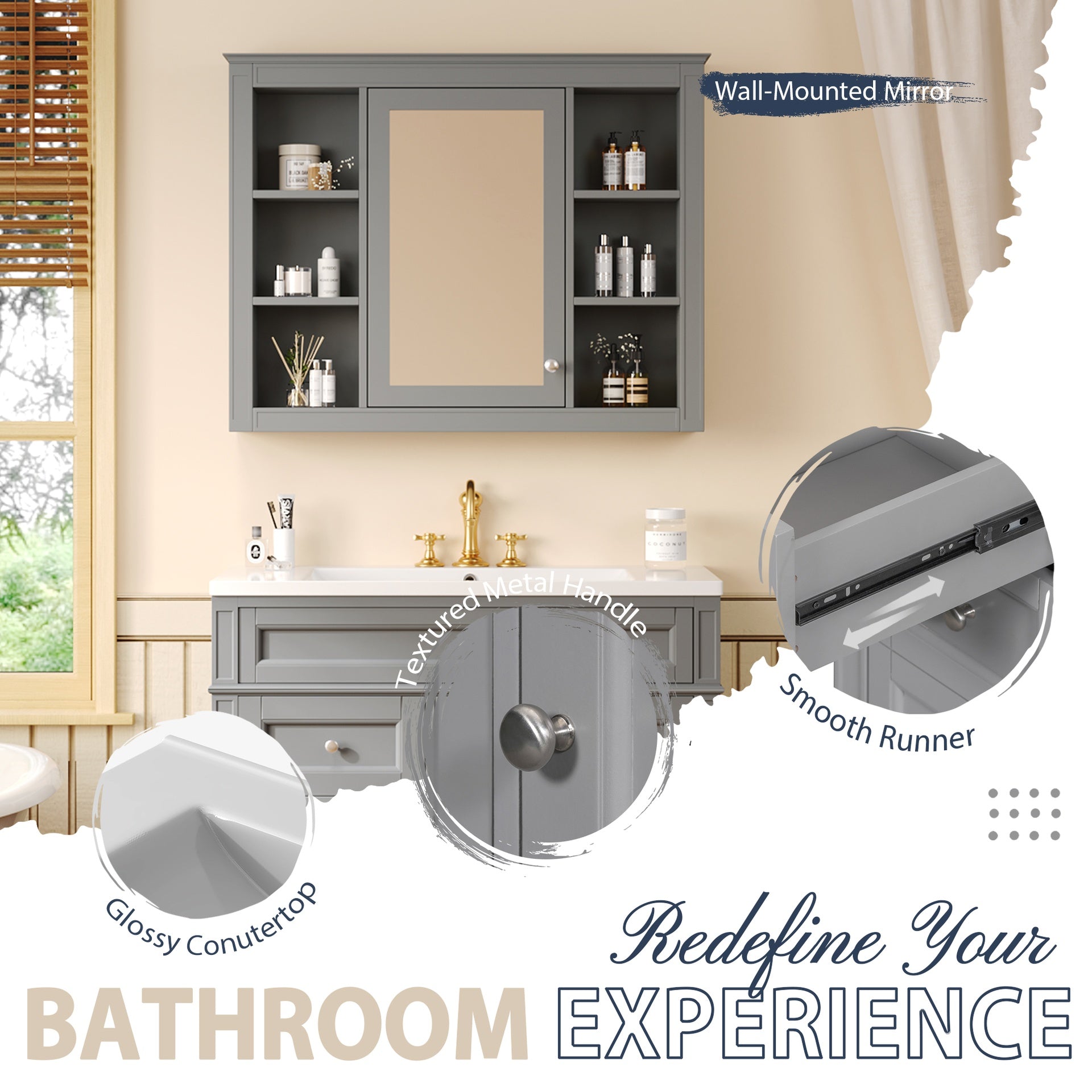 36'' Bathroom Vanity with  Medicine Cabinet, Modern Bathroom Storage Cabinet with 2 Soft Closing Doors and 4 Drawers, Single Sink Bathroom Vanity