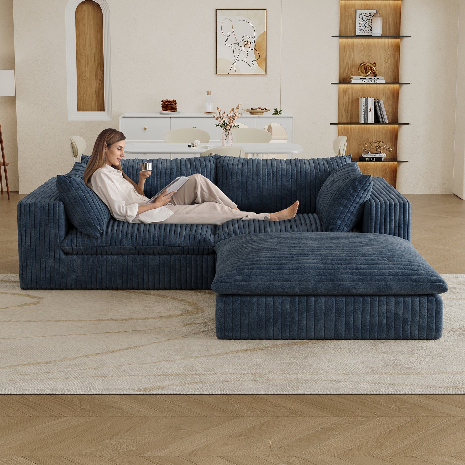 39.8" Cloud Sofa,Corduroy Fabric,Deep Seat Couches,Double-layer design,Removable  Cushion,No Assembly, DIY Combination for Living room, Bedroom,Conference room ,Apartment,Blue