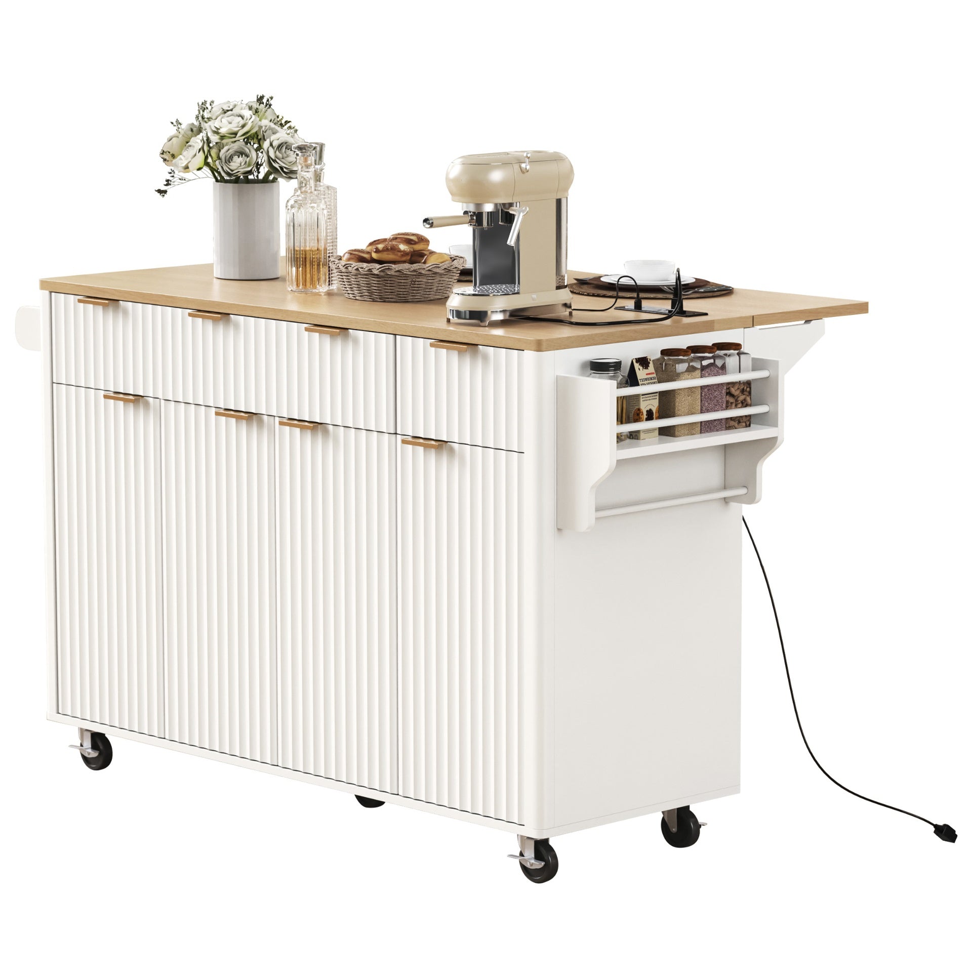 K&K Fluted Kitchen Island with Storage, 55.5" Kitchen Island with Drop Leaf, Power Outlet, 4 Doors and 3 Drawers, Rolling Island Table with Wood-grain Top, Curved Edge for Kitchen,Dining Room White