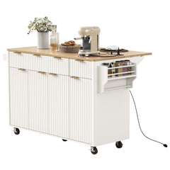 K&K Fluted Kitchen Island with Storage, 55.5" Kitchen Island with Drop Leaf, Power Outlet, 4 Doors and 3 Drawers, Rolling Island Table with Wood-grain Top, Curved Edge for Kitchen,Dining Room White
