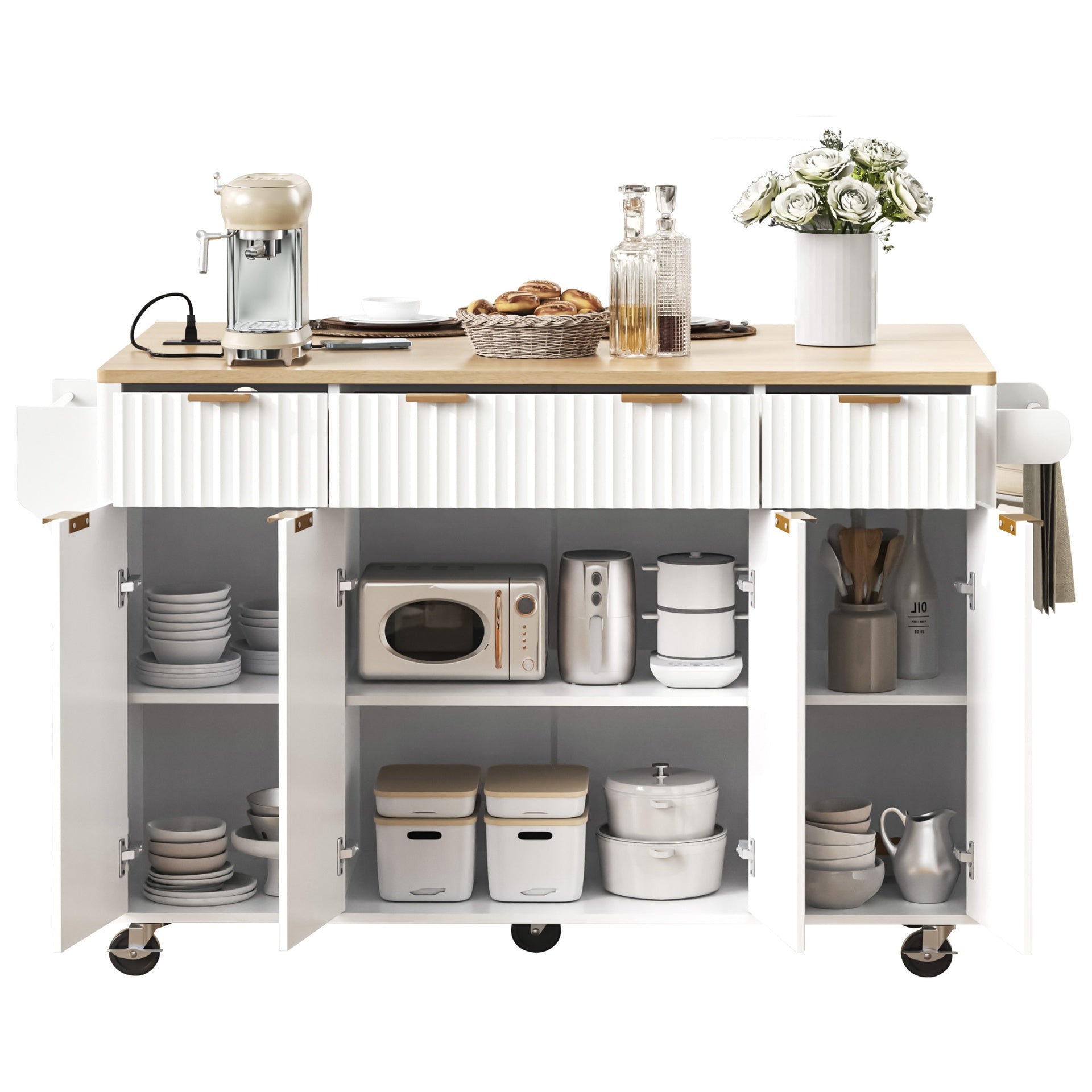 K&K Fluted Kitchen Island with Storage, 55.5" Kitchen Island with Drop Leaf, Power Outlet, 4 Doors and 3 Drawers, Rolling Island Table with Wood-grain Top, Curved Edge for Kitchen,Dining Room White