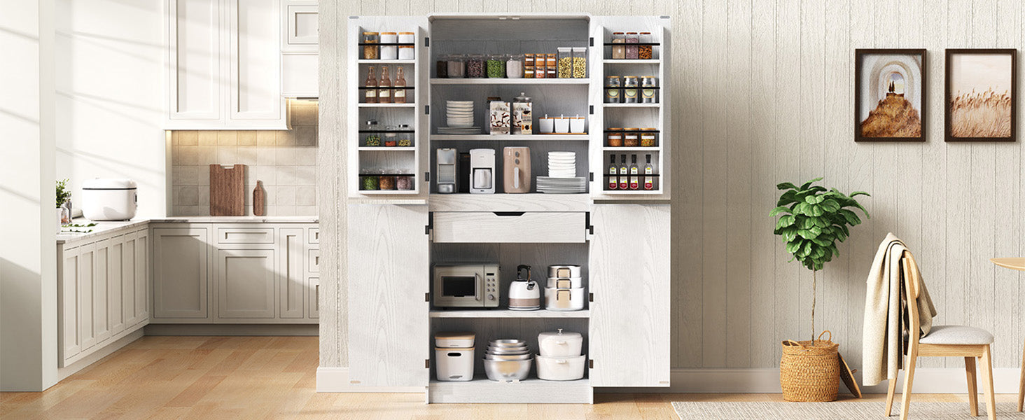 K&K 72" Tall Farmhouse Kitchen Pantry Cabinet with 8 Door Shelves, Curved Design Storage Cabinet with 3 Adjustable Shelves, Hidden Drawer, Versatile Cupboard for Kitchen, Dining & Bathroom, White