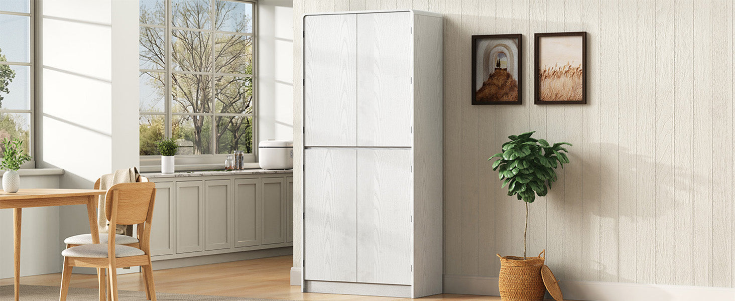 K&K 72" Tall Farmhouse Kitchen Pantry Cabinet with 8 Door Shelves, Curved Design Storage Cabinet with 3 Adjustable Shelves, Hidden Drawer, Versatile Cupboard for Kitchen, Dining & Bathroom, White
