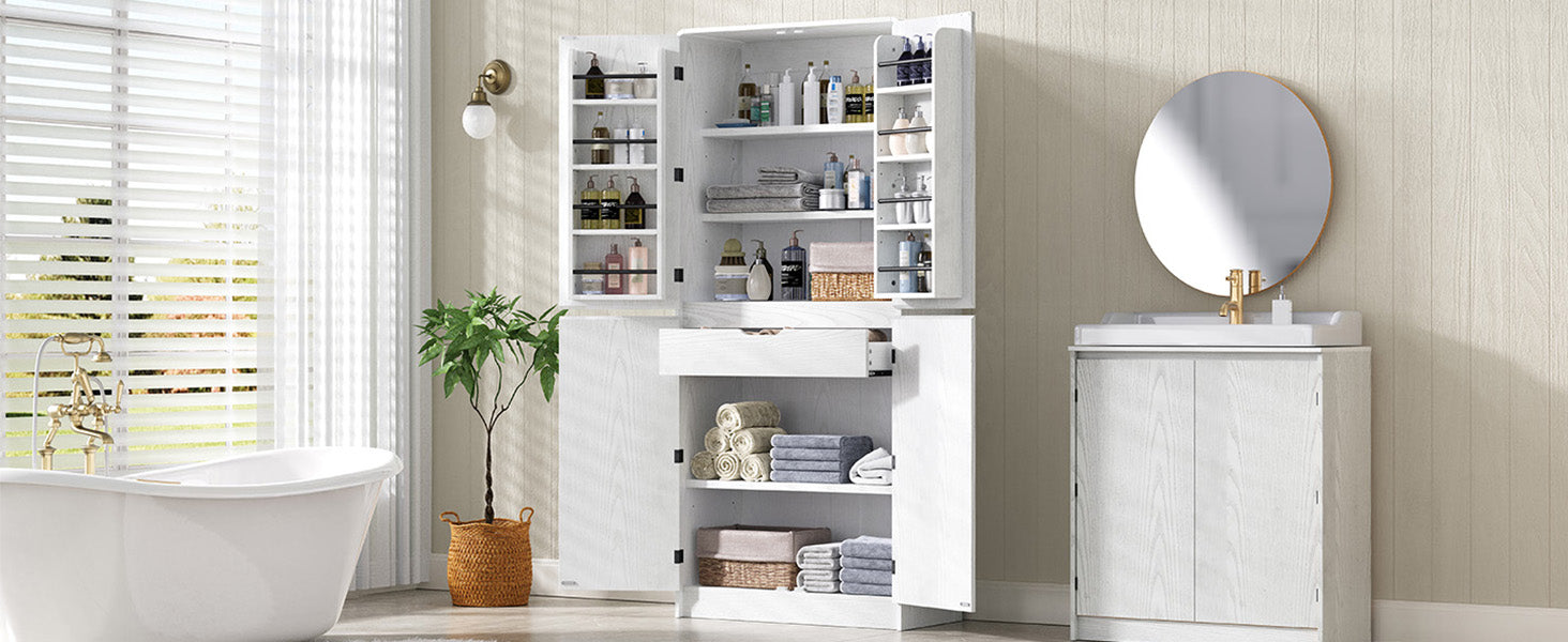 K&K 72" Tall Farmhouse Kitchen Pantry Cabinet with 8 Door Shelves, Curved Design Storage Cabinet with 3 Adjustable Shelves, Hidden Drawer, Versatile Cupboard for Kitchen, Dining & Bathroom, White