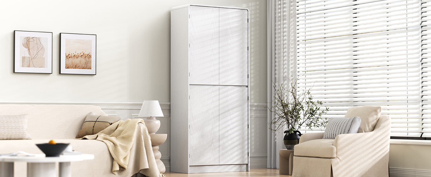 K&K 72" Tall Farmhouse Kitchen Pantry Cabinet with 8 Door Shelves, Curved Design Storage Cabinet with 3 Adjustable Shelves, Hidden Drawer, Versatile Cupboard for Kitchen, Dining & Bathroom, White