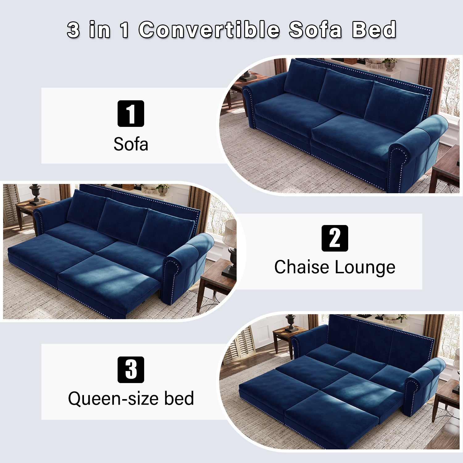 Chesterfield Sofa,93.7" King Pull Out Sofa Bed, 3-in-1 Velvet Convertible Sleeper Sofa with Nailhead Trim & Rolled Arm,Multi-Functional Sofa Bed for Living Room,Bedroom,Apartment,Office, Office, Blue