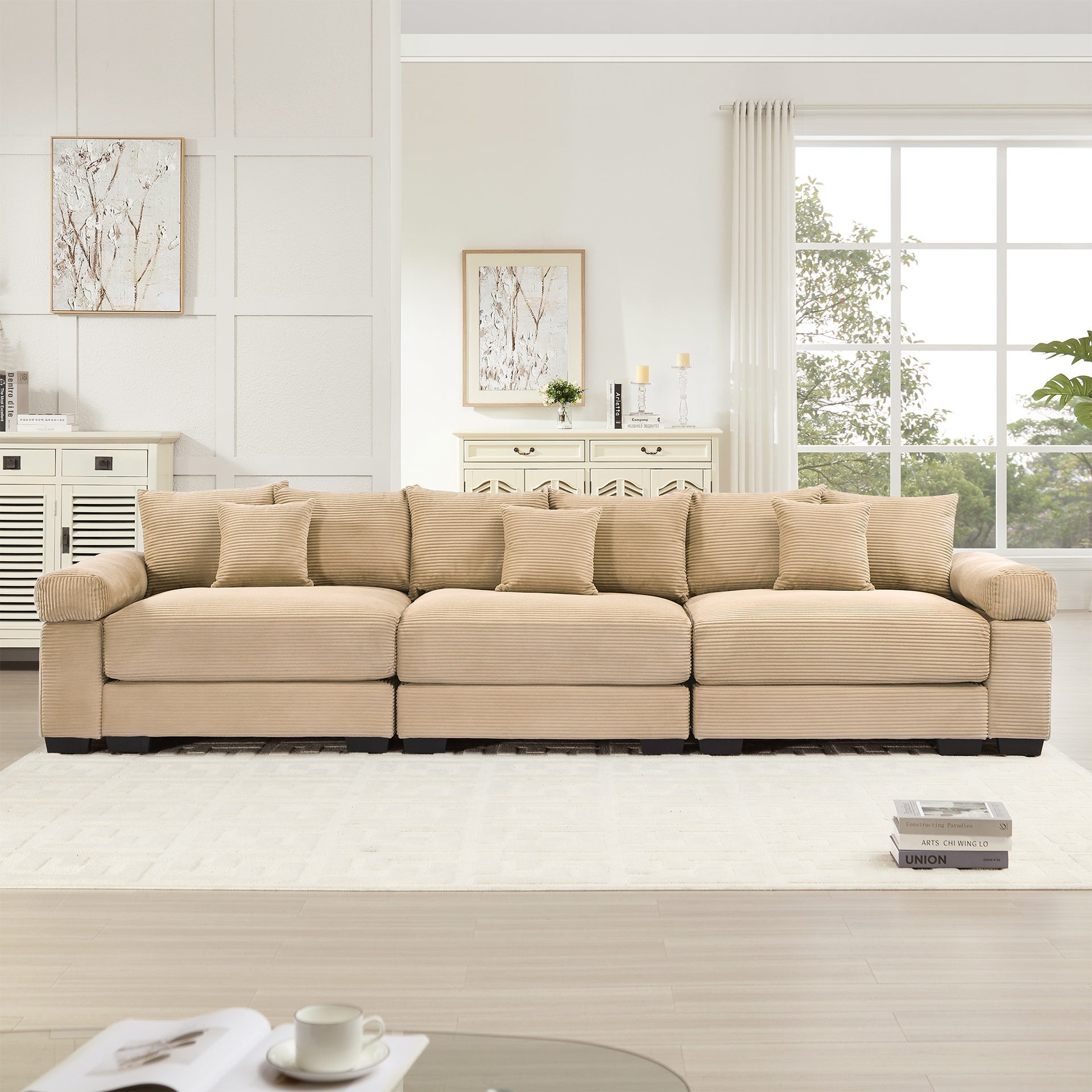 130" Oversized Cloud Modular Sectional Couch,Premium Corduroy 3-Seater Sofa Extra-Thick Armrests Good Resilience Cushion Ergonomic Design,Easy Assembly Suitable For Living Rooms Studies,Camel