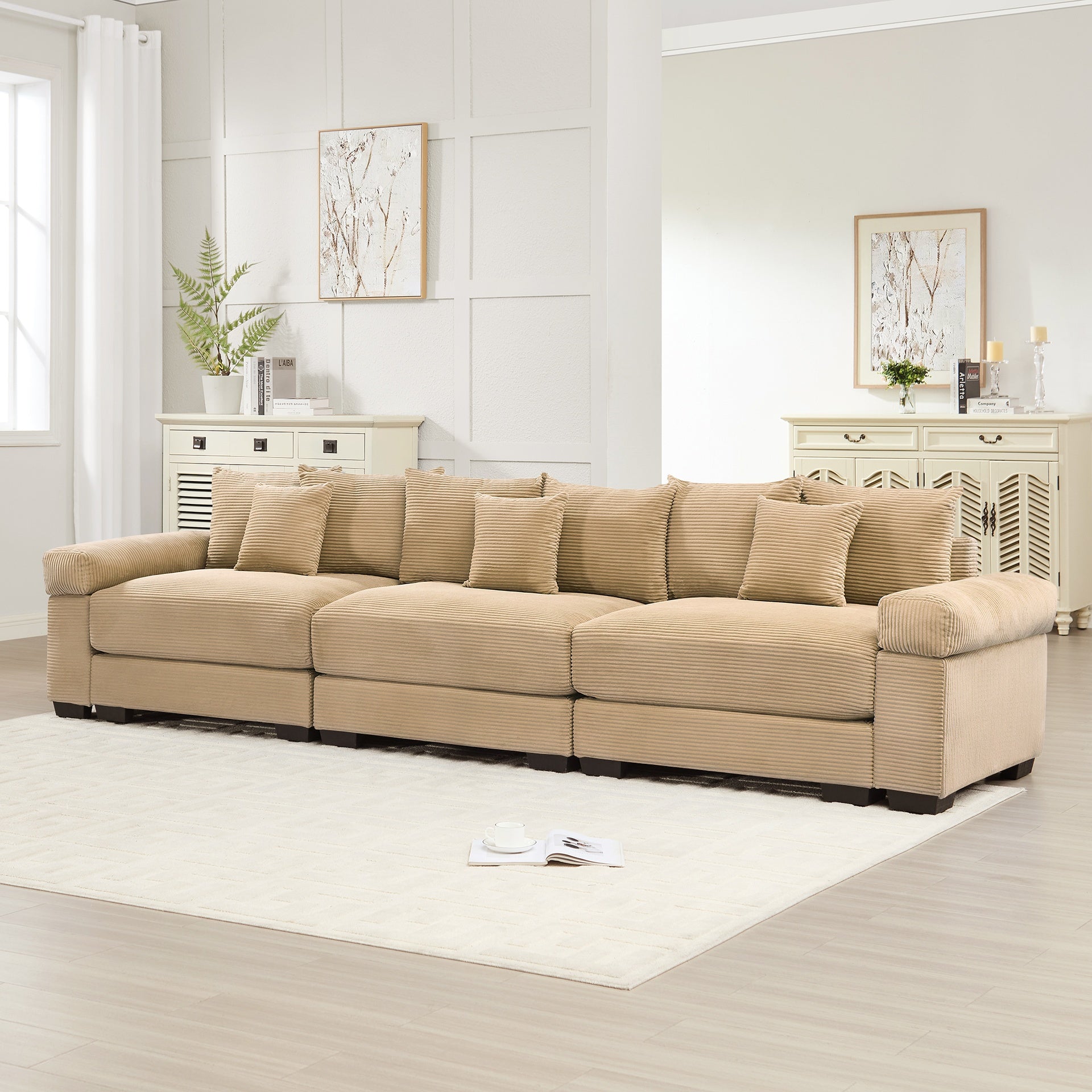 130" Oversized Cloud Modular Sectional Couch,Premium Corduroy 3-Seater Sofa Extra-Thick Armrests Good Resilience Cushion Ergonomic Design,Easy Assembly Suitable For Living Rooms Studies,Camel