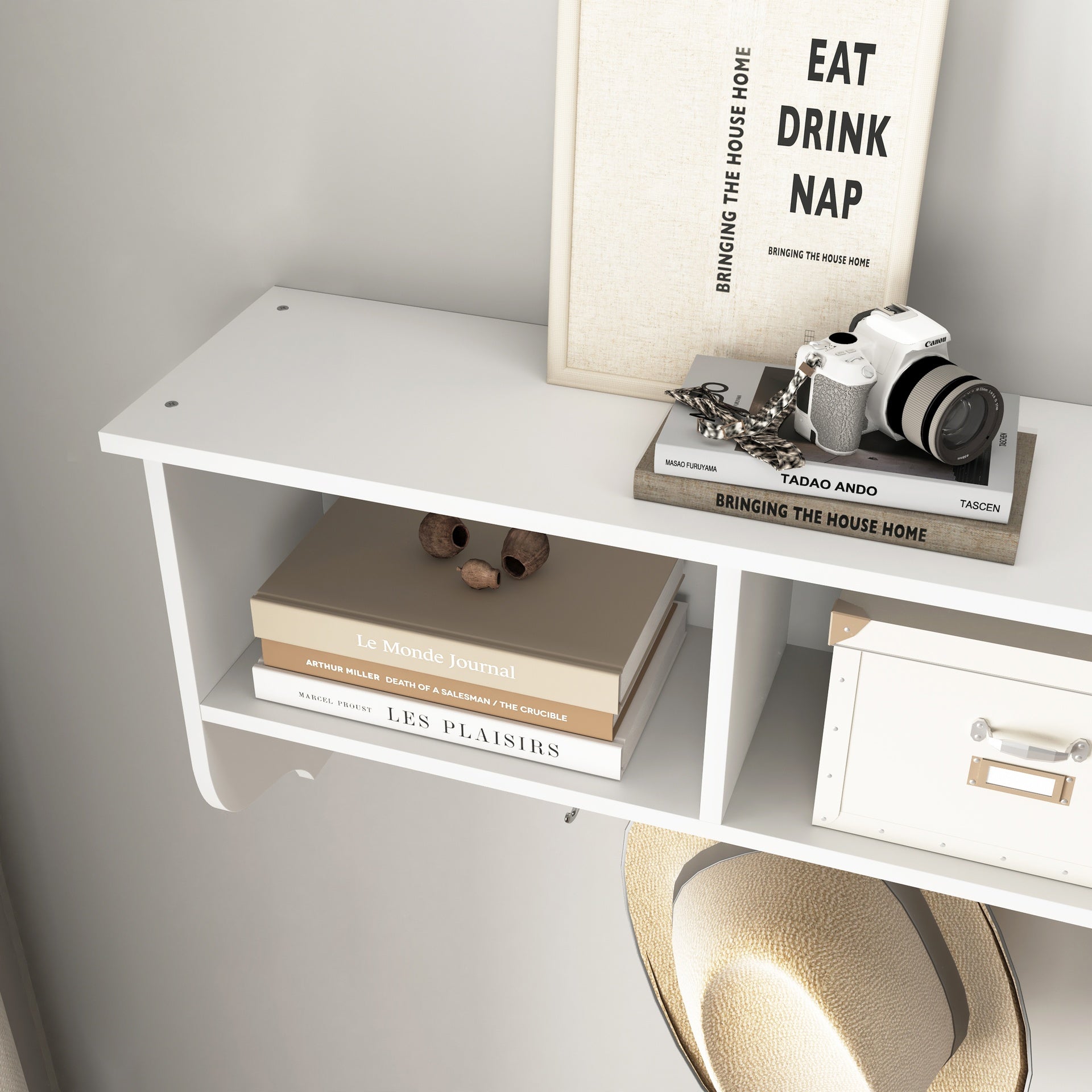 White Entryway Wall Mounted Coat Rack with 4 Dual Hooks Living Room Wooden Storage Shelf