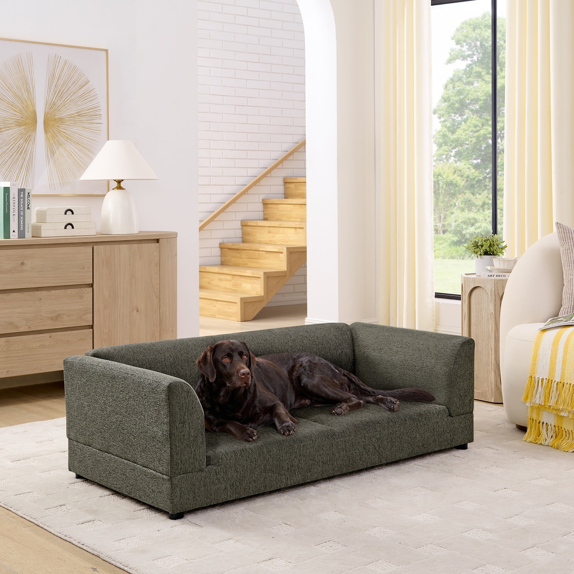 Comfortable Oversized Pet Sofa for Medium/Large Dogs - Modern Rectangular Design with Backrest, Armrests & Soft Cushion -Dark Gray(56.5"*26"*17")