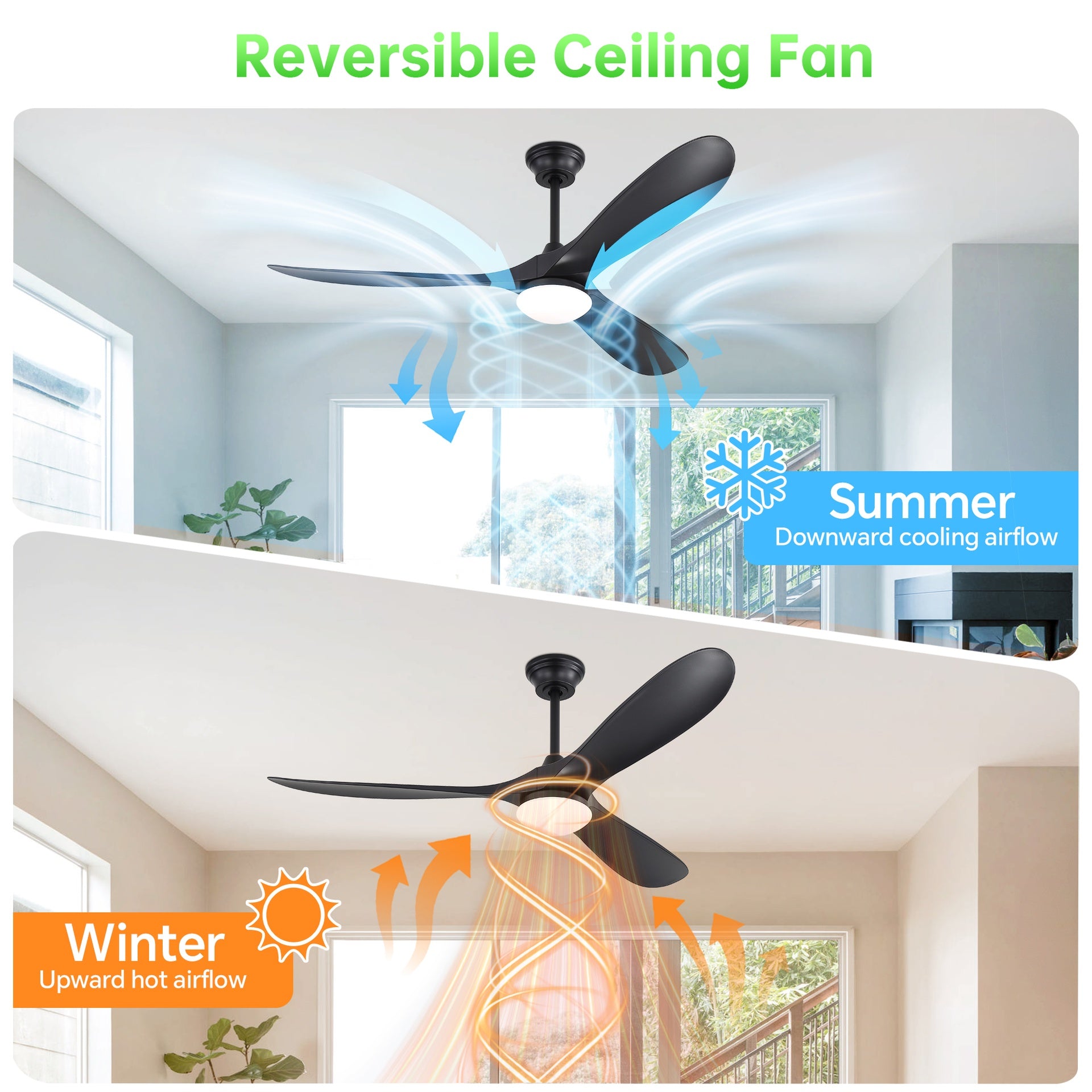60 Inch Smart Ceiling Fan with Lights 2 Downrods, 3 ABS Fan Blades, Reversible Quiet Dc Motor For Indoor Bedroom Farmhouse