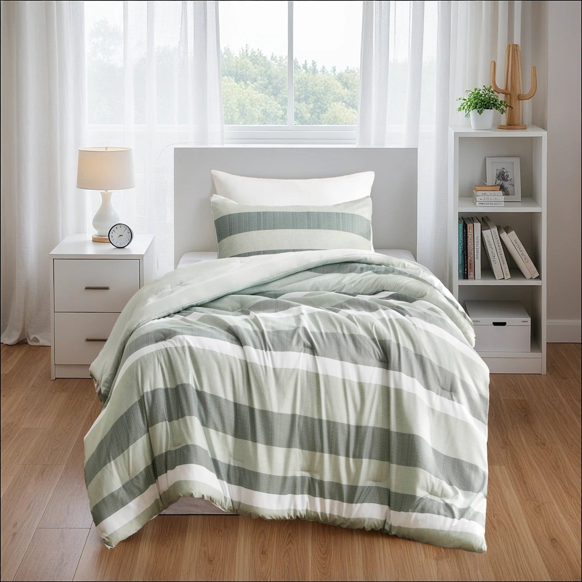 3-Piece King/Cal King Stripe Textured Print Comforter Set,Sage
