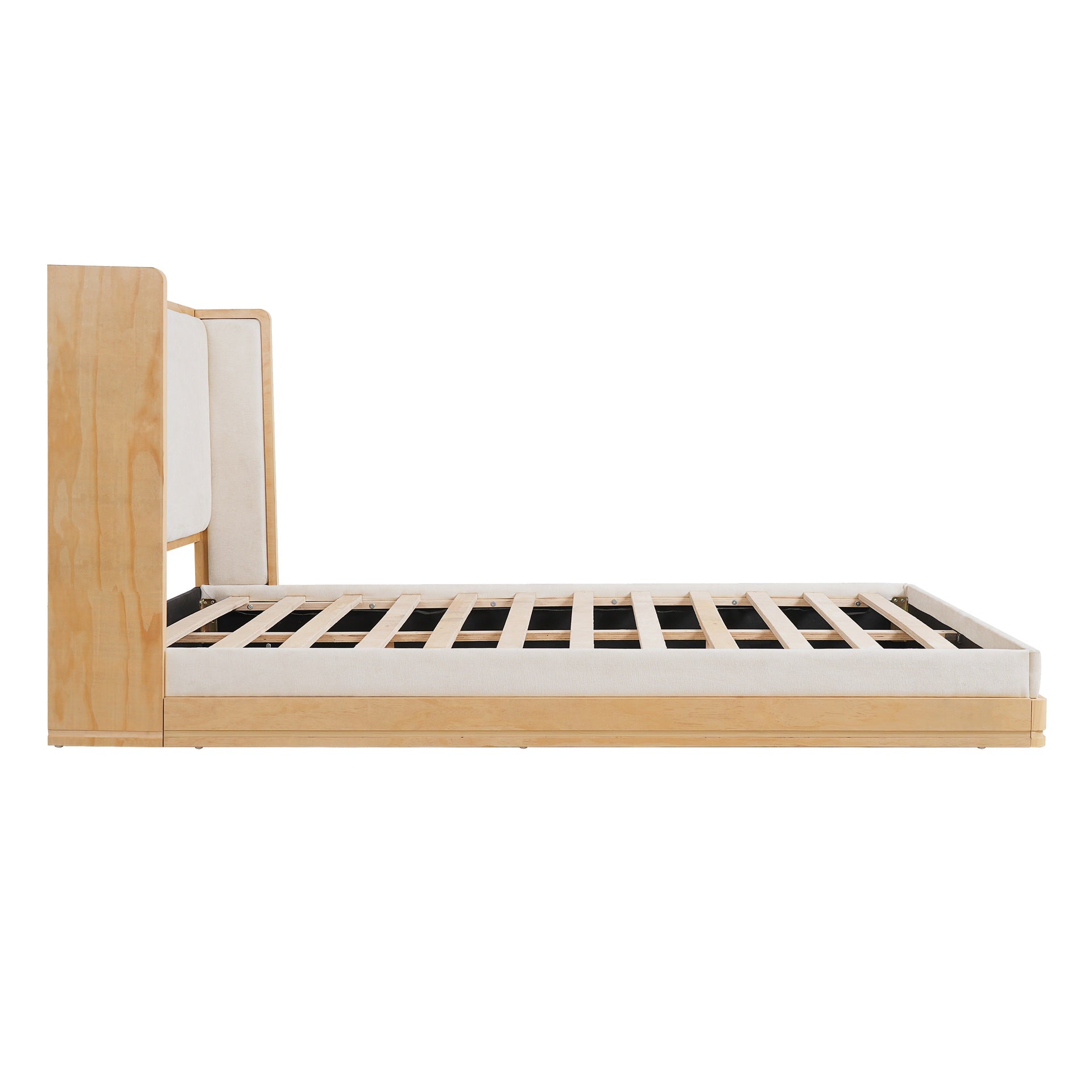 Mid-Century Modern Wood & Beige Upholstered Platform Bed,Queen