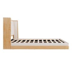 Mid-Century Modern Wood & Beige Upholstered Platform Bed,Queen