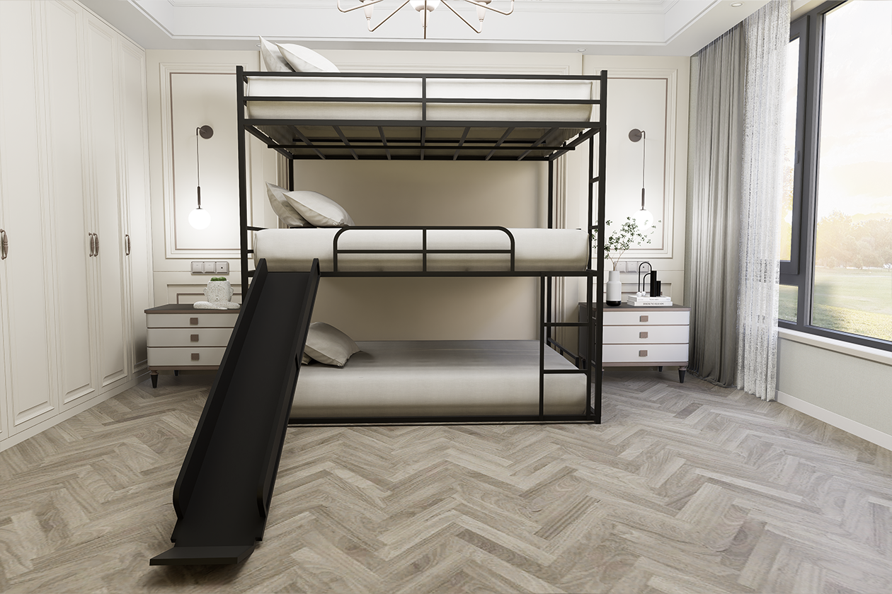 Metal Full Size Loft Bed with Slide and Ladder,  Black