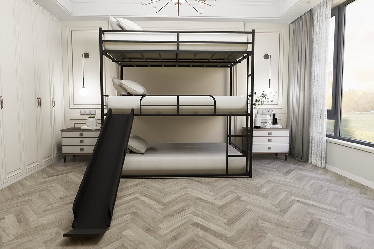 Metal Full Size Loft Bed with Slide and Ladder,  Black
