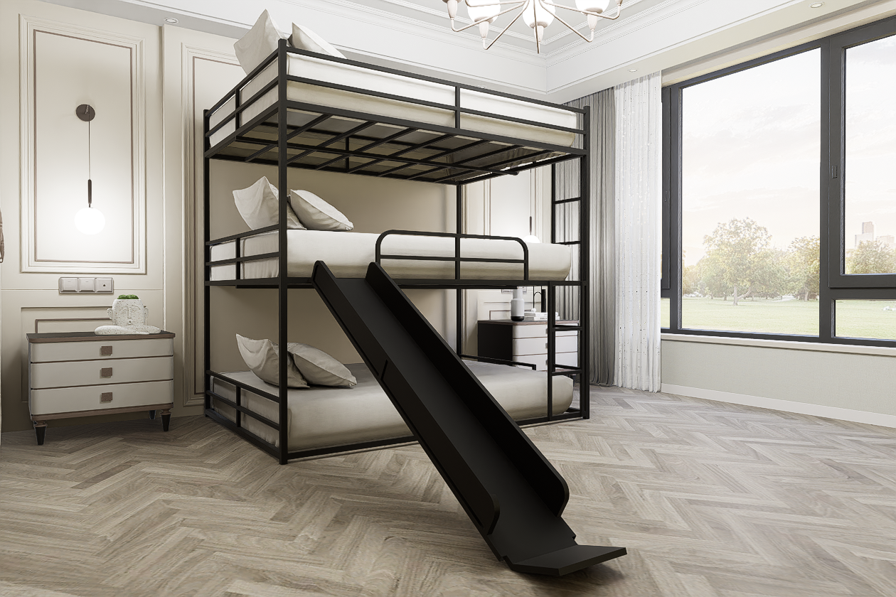 Metal Full Size Loft Bed with Slide and Ladder,  Black