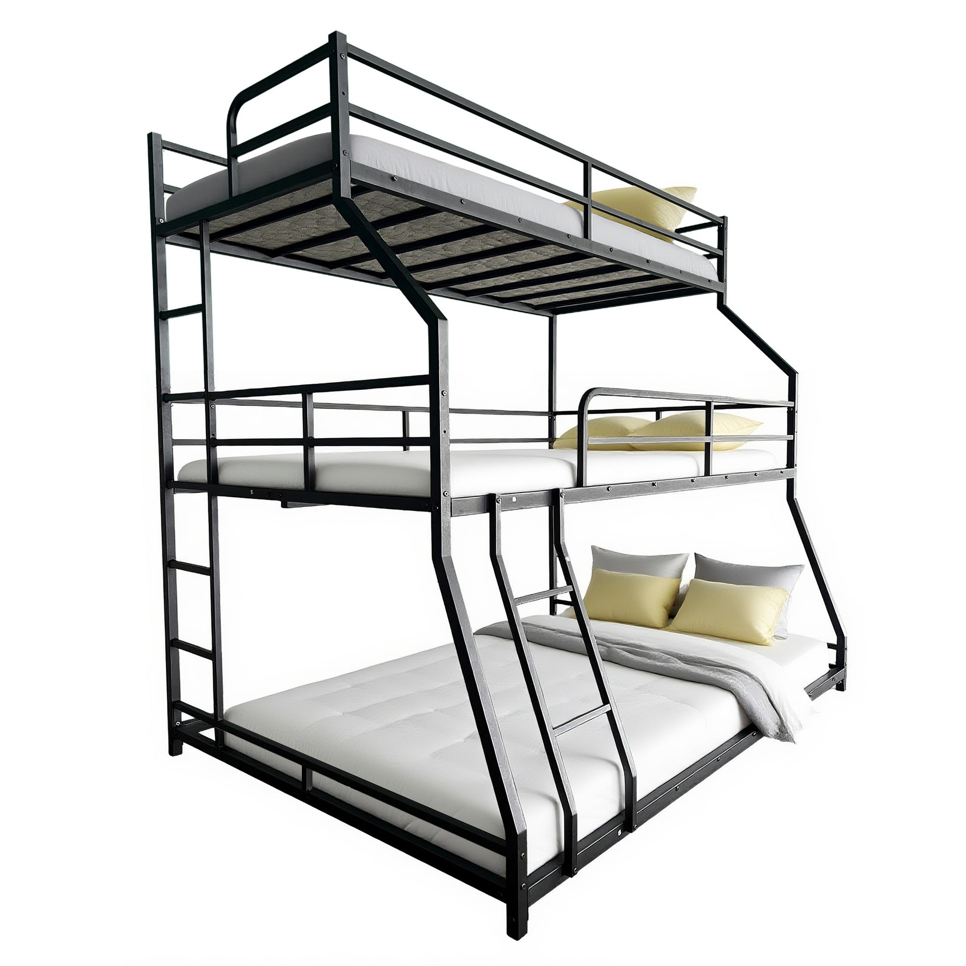 Triple Bed with Long and Short Ladder & Full-Length Guardrails , Easy Assembly ,for Kid Boy Girl ,Black,Custom mattress needed