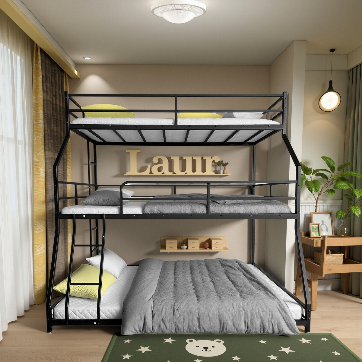 Triple Bed with Long and Short Ladder & Full-Length Guardrails , Easy Assembly ,for Kid Boy Girl ,Black,Custom mattress needed