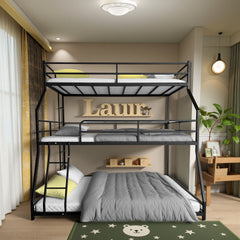 Triple Bed with Long and Short Ladder & Full-Length Guardrails , Easy Assembly ,for Kid Boy Girl ,Black,Custom mattress needed