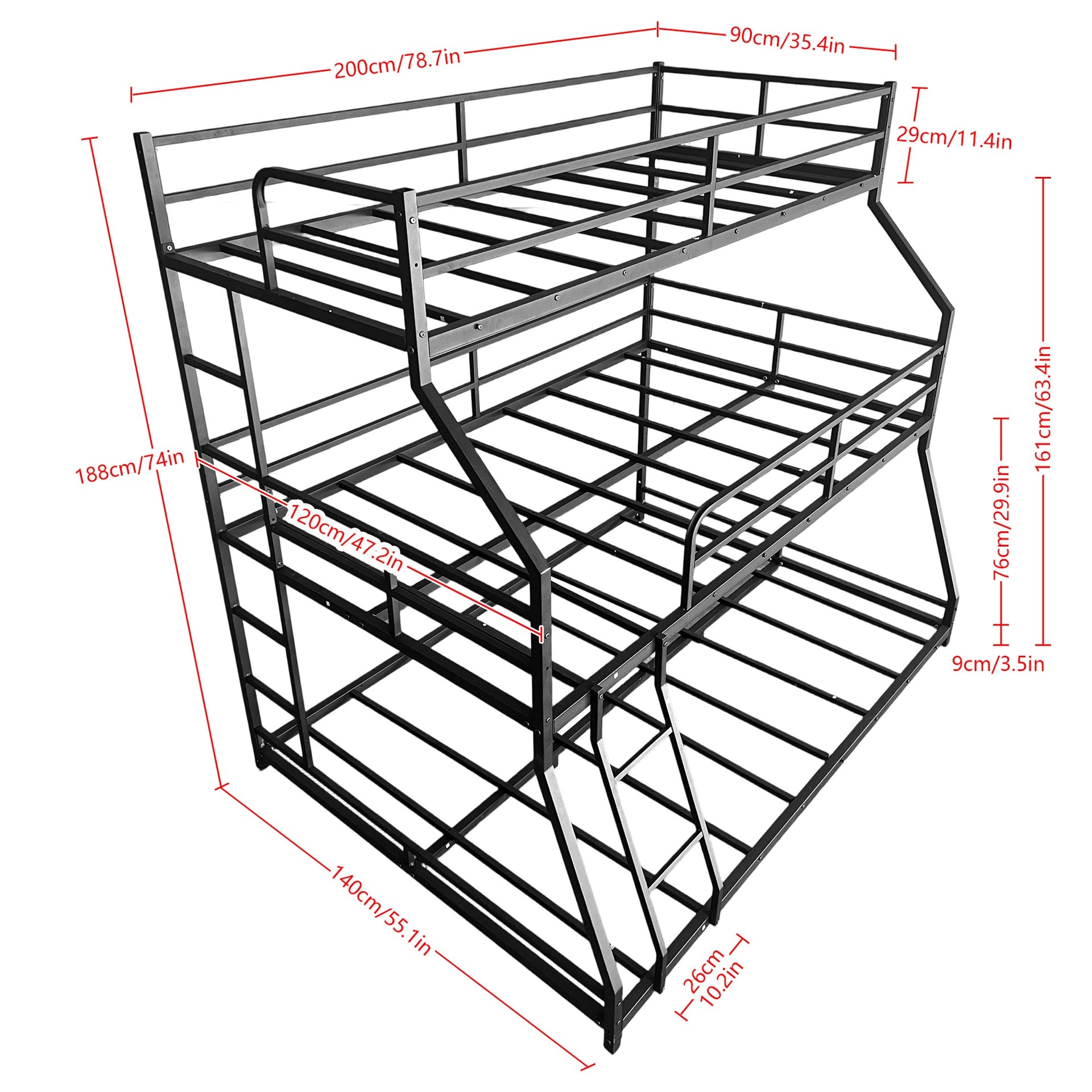 Triple Bed with Long and Short Ladder & Full-Length Guardrails , Easy Assembly ,for Kid Boy Girl ,Black,Custom mattress needed