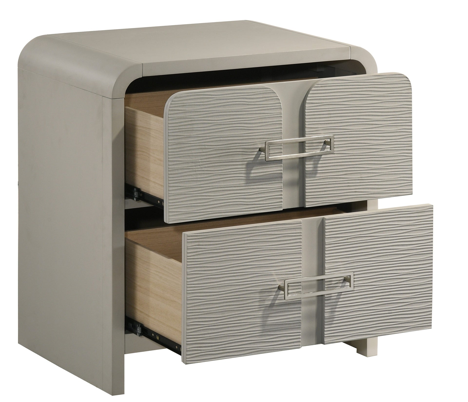 Aria Modern 2-Drawer Nightstand with Textured Front, Metal handles and Ball Bearing Glide System in Beige
