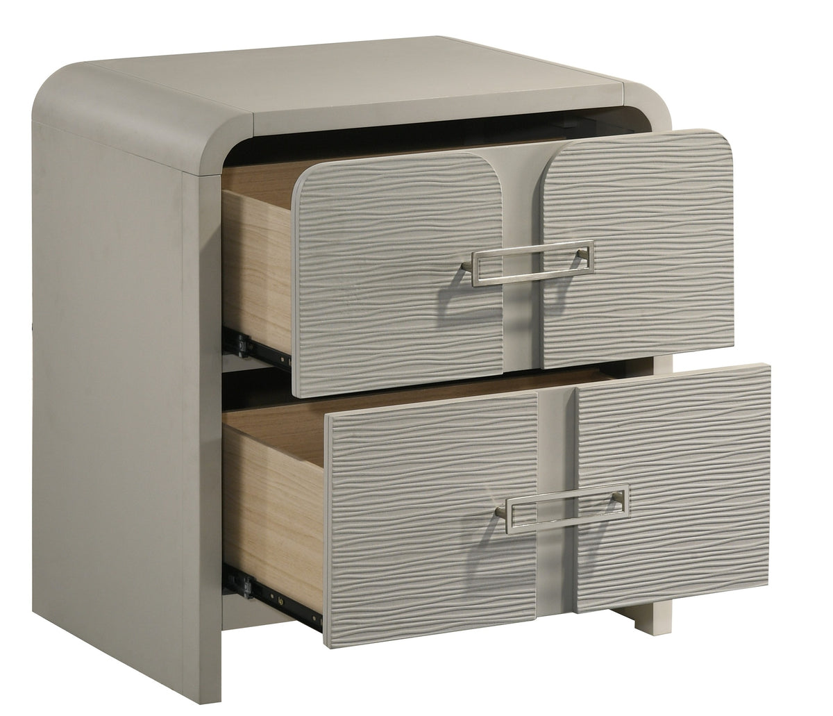 Aria Modern 2-Drawer Nightstand with Textured Front, Metal handles and Ball Bearing Glide System in Beige