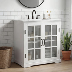 30" Modern Bathroom Vanity with Ceramic Sink, Bathroom Vanity Cabinet with Tempered Blurred Glass and Matte Black Handles, Equipped with Large Storage Space and Rubber Wood Frame, White