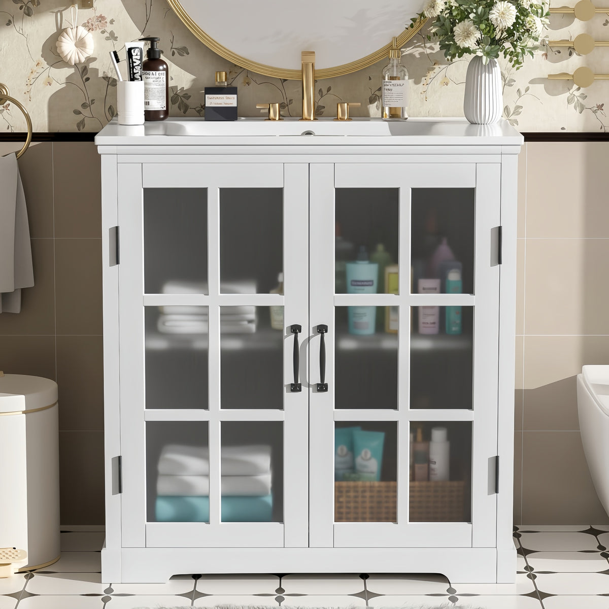30" Modern Bathroom Vanity with Ceramic Sink, Bathroom Vanity Cabinet with Tempered Blurred Glass and Matte Black Handles, Equipped with Large Storage Space and Rubber Wood Frame, White