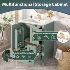 24-inch light green bathroom vanity with an integrated ceramic basin, featuring a door-mounted double-layer shelf, soft-close drawers, and a soft-close cabinet door
