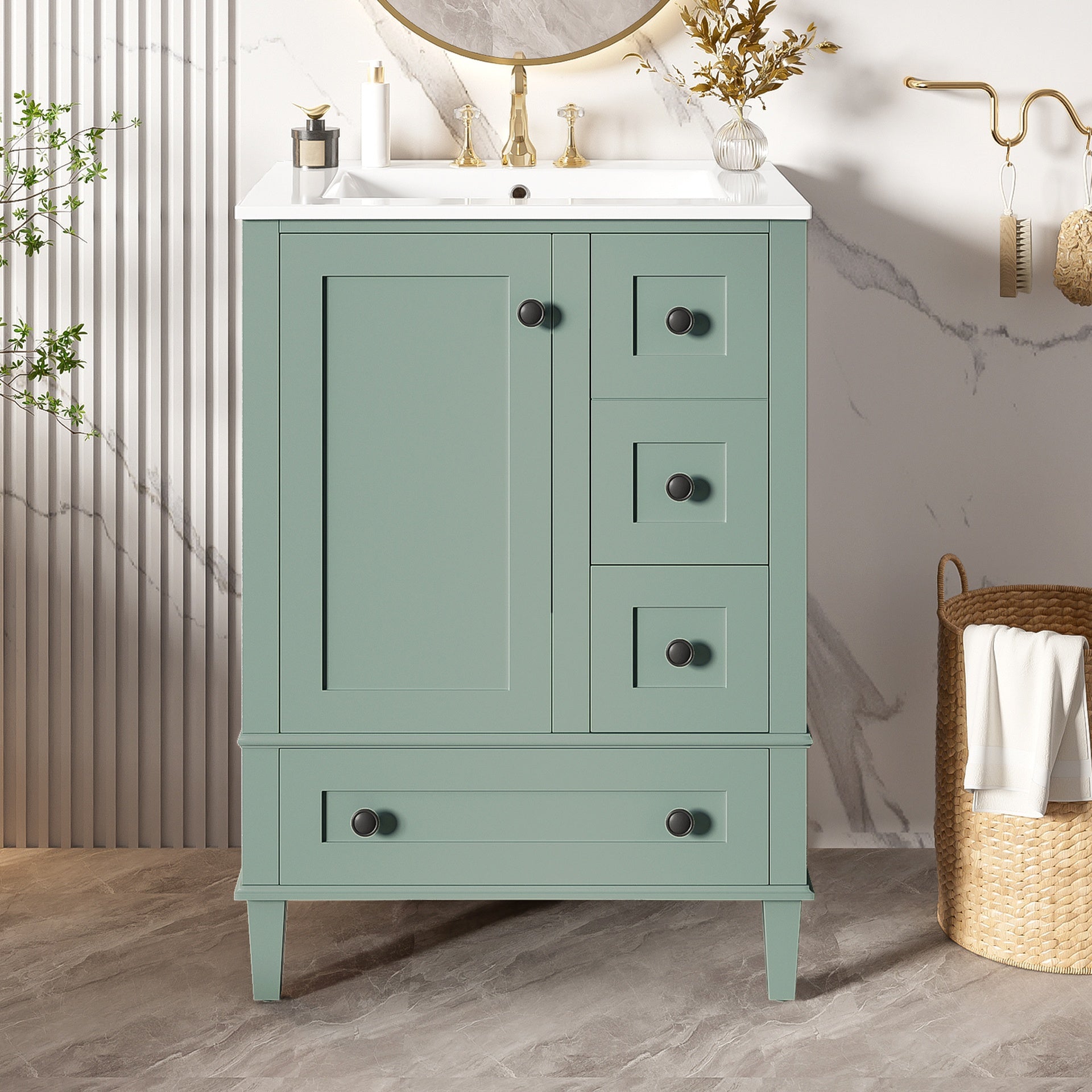 24-inch light green bathroom vanity with an integrated ceramic basin, featuring a door-mounted double-layer shelf, soft-close drawers, and a soft-close cabinet door