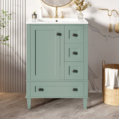 24-inch light green bathroom vanity with an integrated ceramic basin, featuring a door-mounted double-layer shelf, soft-close drawers, and a soft-close cabinet door