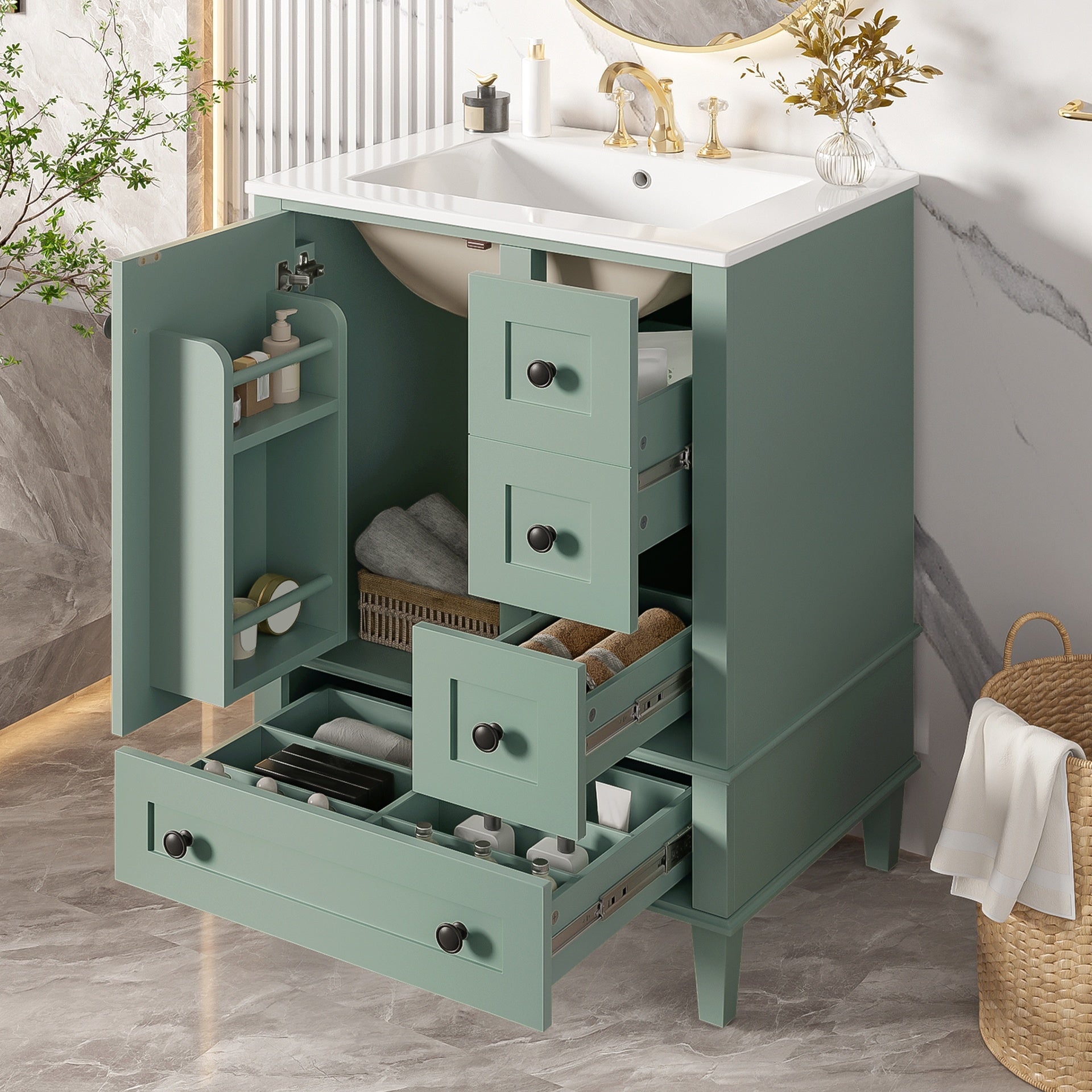 24-inch light green bathroom vanity with an integrated ceramic basin, featuring a door-mounted double-layer shelf, soft-close drawers, and a soft-close cabinet door