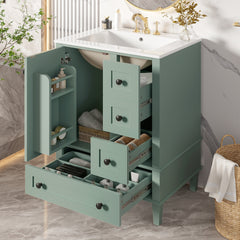 24-inch light green bathroom vanity with an integrated ceramic basin, featuring a door-mounted double-layer shelf, soft-close drawers, and a soft-close cabinet door