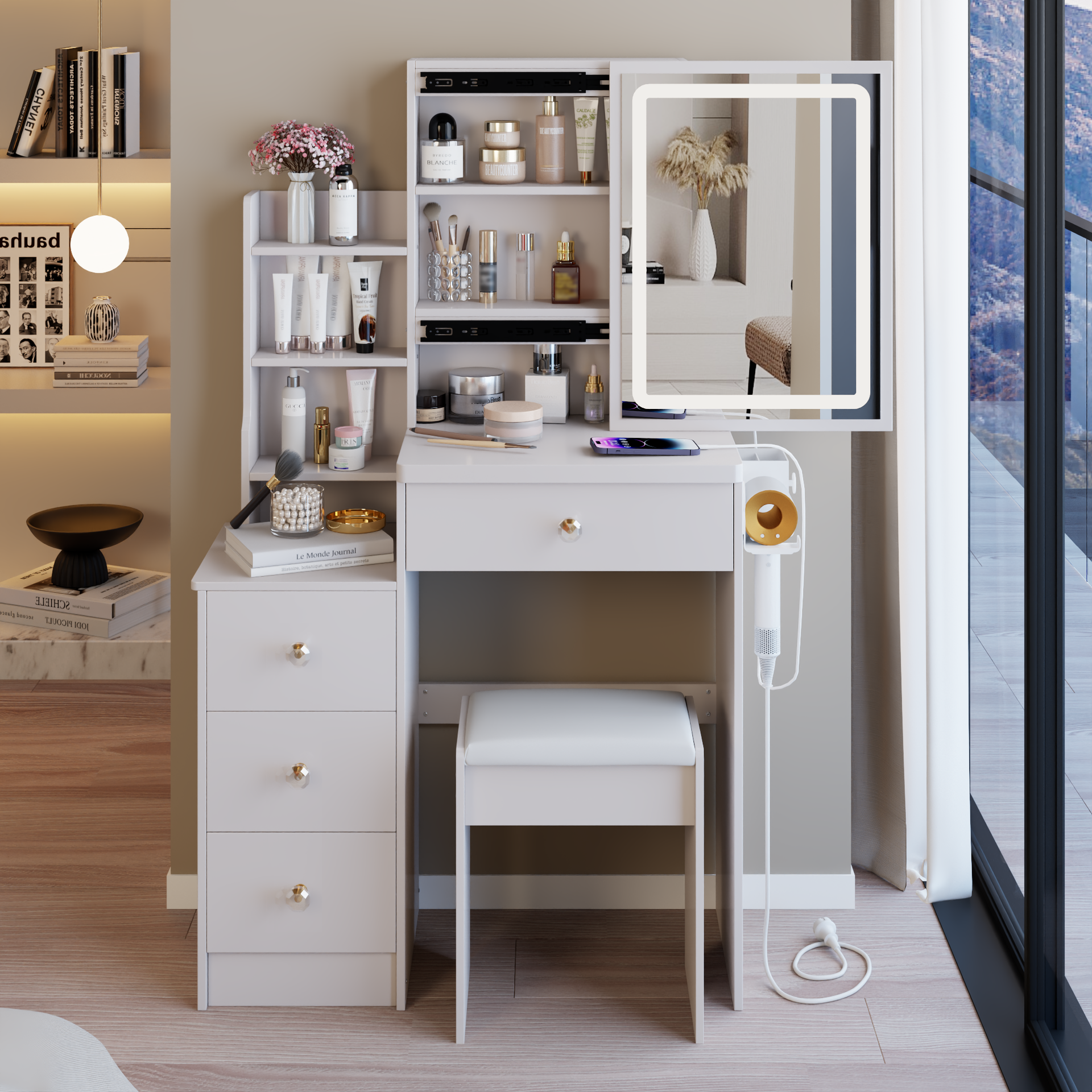 29.2 inch  Small Size Left Bedside Cabinet Vanity Table + Cushioned Stool, 2 AC+2 USB Power Station, Hair dryer bracket, Extra Large Touch Control Sliding LED Mirror, Tri-color Switching, Brightness Adjust