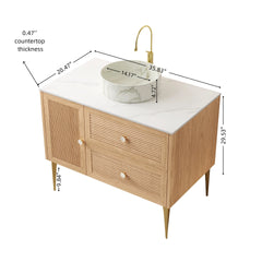 MUNIN 36" Bathroom Vanity with Sink, Freestanding Plywood Storage Cabinet with 4 Metal Legs, Door and 2 Drawers, White Ceramic Basin with Stone Pattern, NO Faucet, Pre-assembled, Oak Woodgrain Color