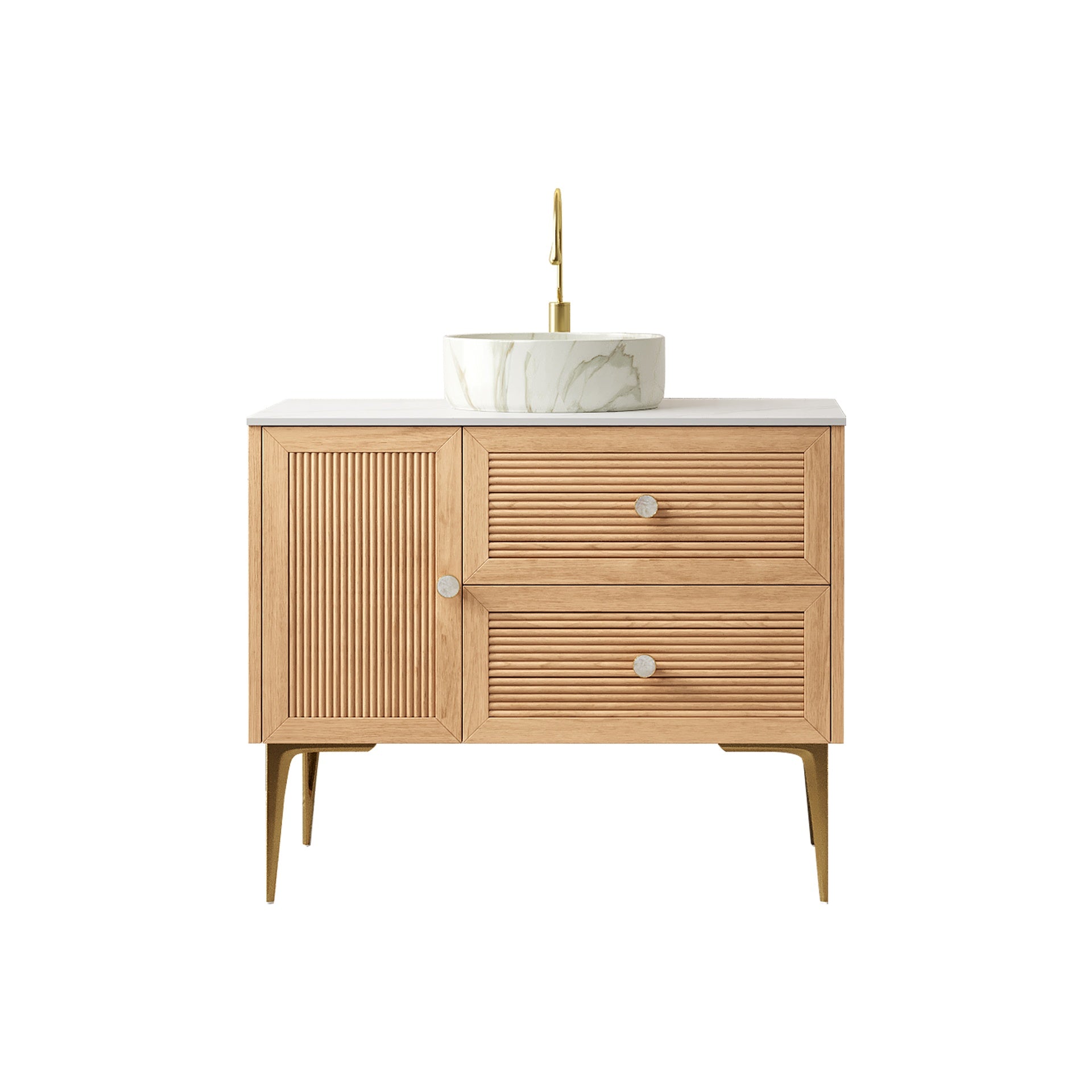MUNIN 36" Bathroom Vanity with Sink, Freestanding Plywood Storage Cabinet with 4 Metal Legs, Door and 2 Drawers, White Ceramic Basin with Stone Pattern, NO Faucet, Pre-assembled, Oak Woodgrain Color