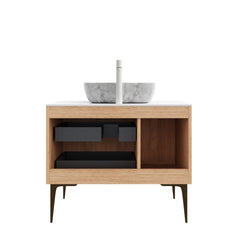 MUNIN 36" Bathroom Vanity&Sink, Freestanding Plywood Storage Cabinet with Legs, 1 Door&2 Drawers, Carrara White Sintered Stone Top&Marble Pattern Rectangle Ceramic Basin, Pre-assembled, Oak Woodgrain