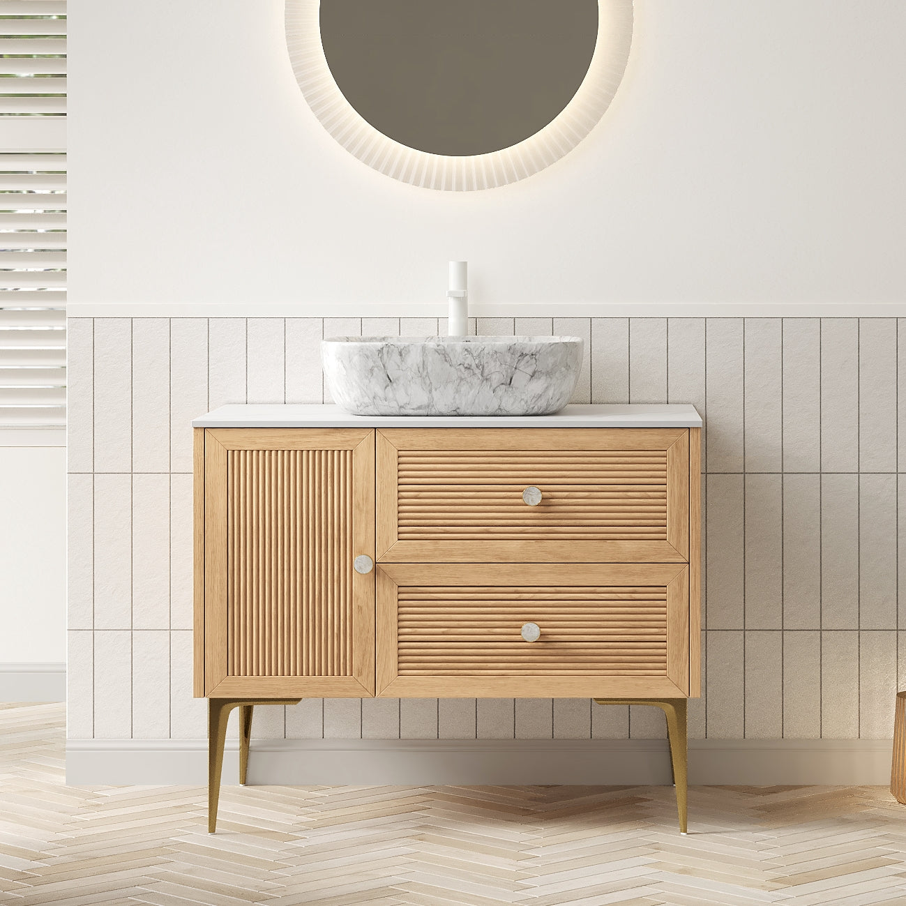 MUNIN 36" Bathroom Vanity&Sink, Freestanding Plywood Storage Cabinet with Legs, 1 Door&2 Drawers, Carrara White Sintered Stone Top&Marble Pattern Rectangle Ceramic Basin, Pre-assembled, Oak Woodgrain