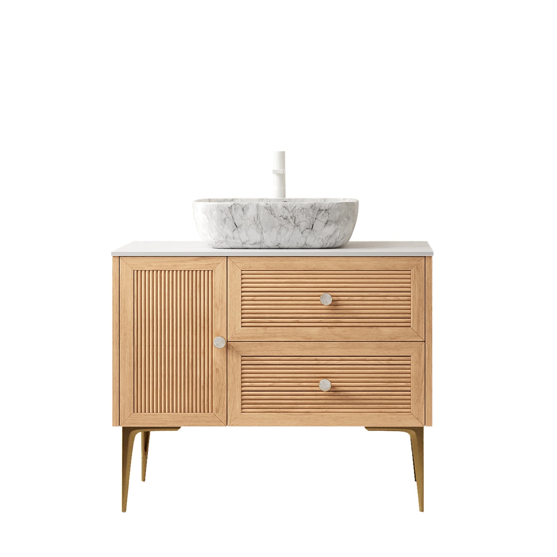 MUNIN 36" Bathroom Vanity&Sink, Freestanding Plywood Storage Cabinet with Legs, 1 Door&2 Drawers, Carrara White Sintered Stone Top&Marble Pattern Rectangle Ceramic Basin, Pre-assembled, Oak Woodgrain