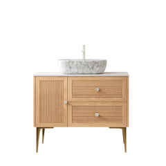 MUNIN 36" Bathroom Vanity&Sink, Freestanding Plywood Storage Cabinet with Legs, 1 Door&2 Drawers, Carrara White Sintered Stone Top&Marble Pattern Rectangle Ceramic Basin, Pre-assembled, Oak Woodgrain