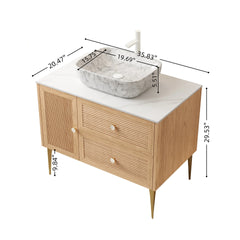 MUNIN 36" Bathroom Vanity&Sink, Freestanding Plywood Storage Cabinet with Legs, 1 Door&2 Drawers, Carrara White Sintered Stone Top&Marble Pattern Rectangle Ceramic Basin, Pre-assembled, Oak Woodgrain