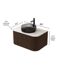 DINA 30" Bathroom Vanity with Sink, Wall-Mounted Curved Edges Striped Storage Cabinet with Drawer, Transparent Black Round Glass Basin and Countertop, Pre-assembled, Dark Walnut Woodgrain Color