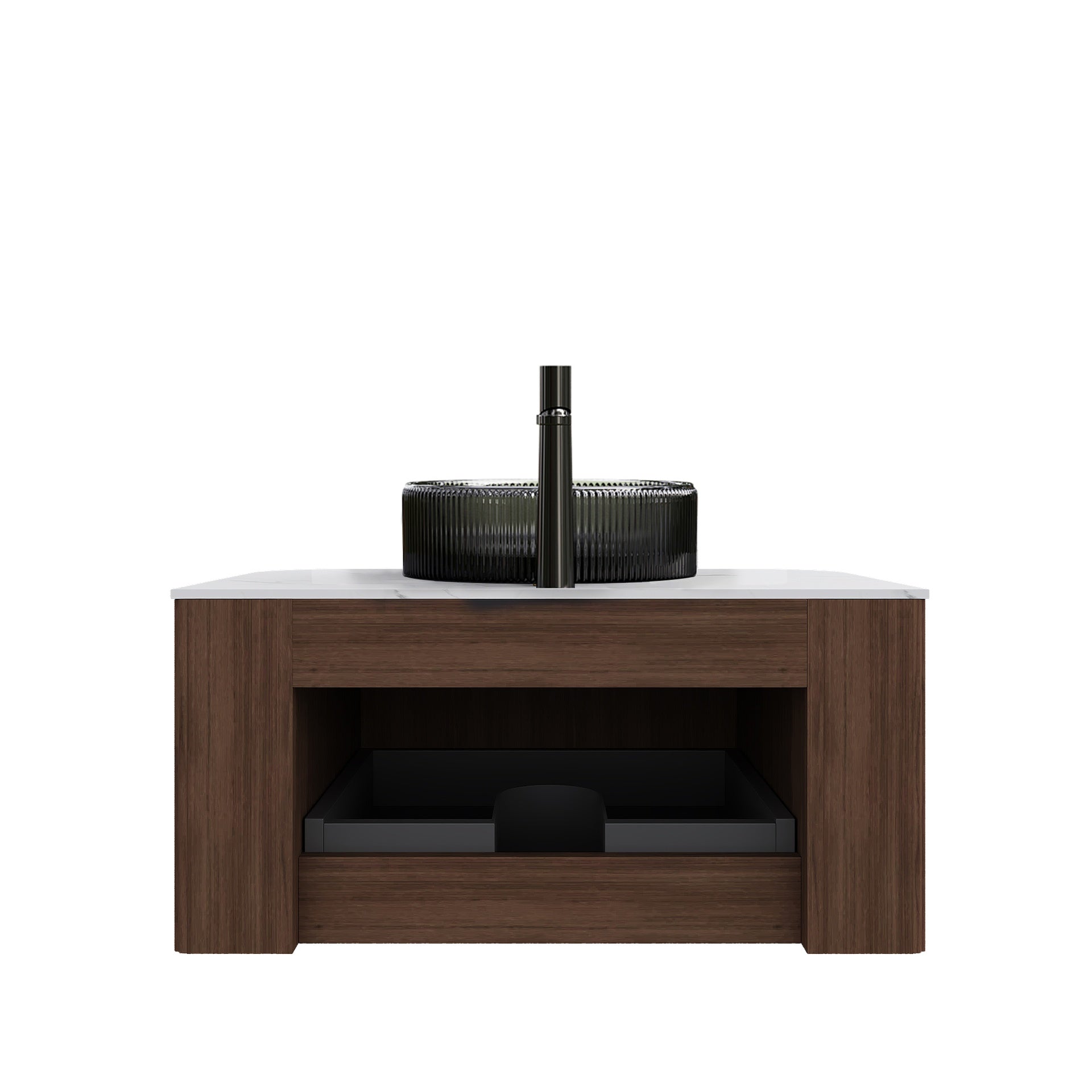 DINA 30" Bathroom Vanity with Sink, Wall-Mounted Curved Edges Striped Storage Cabinet with Drawer, Transparent Black Round Glass Basin and Countertop, Pre-assembled, Dark Walnut Woodgrain Color