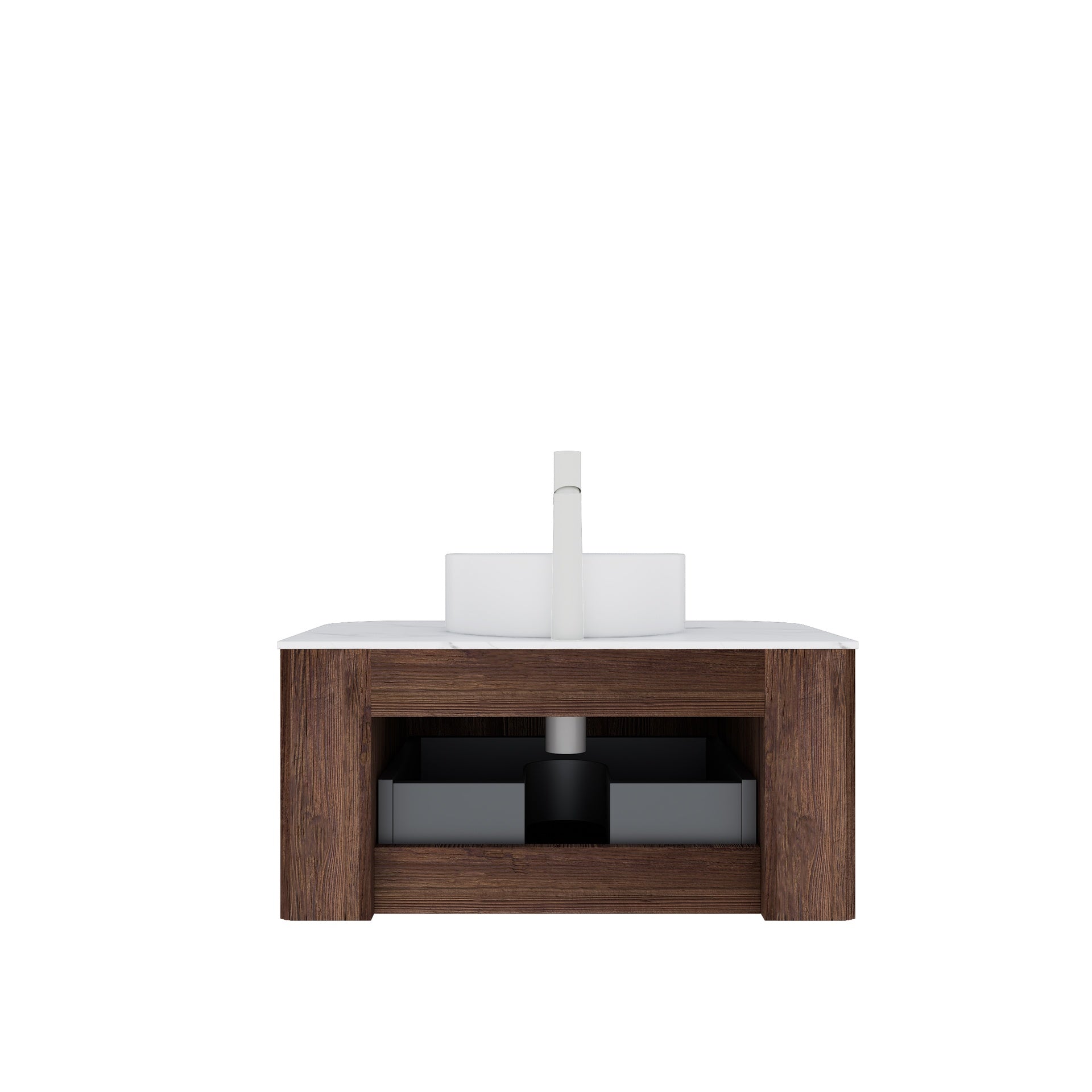 DINA 30" Bathroom Vanity with Sink, Wall-Mounted Floating Curved Edges Striped Bathroom Storage Cabinet with Drawer, White Ceramic Basin without Faucet, Pre-assembled, Dark Walnut Woodgrain Color
