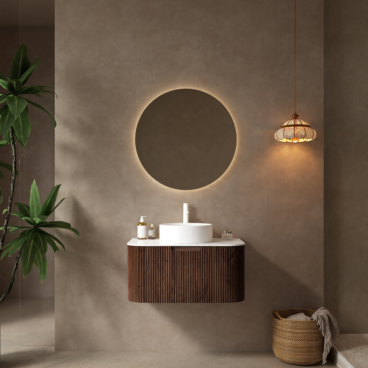 DINA 30" Bathroom Vanity with Sink, Wall-Mounted Floating Curved Edges Striped Bathroom Storage Cabinet with Drawer, White Ceramic Basin without Faucet, Pre-assembled, Dark Walnut Woodgrain Color