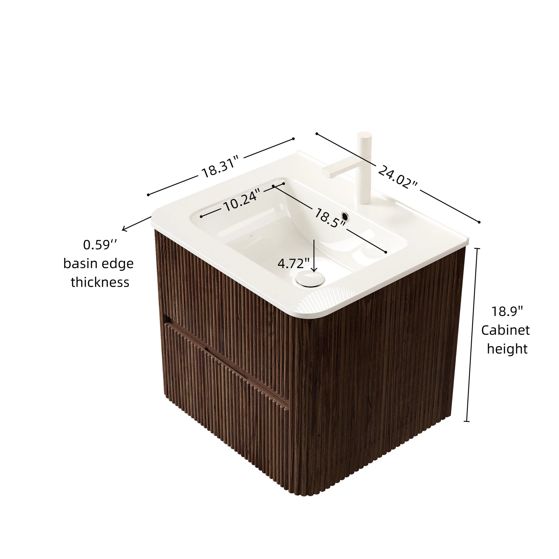 NOOR 24" Bathroom Vanity with Sink, Wall-Mounted Floating Plywood  Bathroom Storage Cabinet with 2 Drawers, White Ceramic Basin, NO Faucet, Pre-assembled, Retro Walnut Woodgrain Color