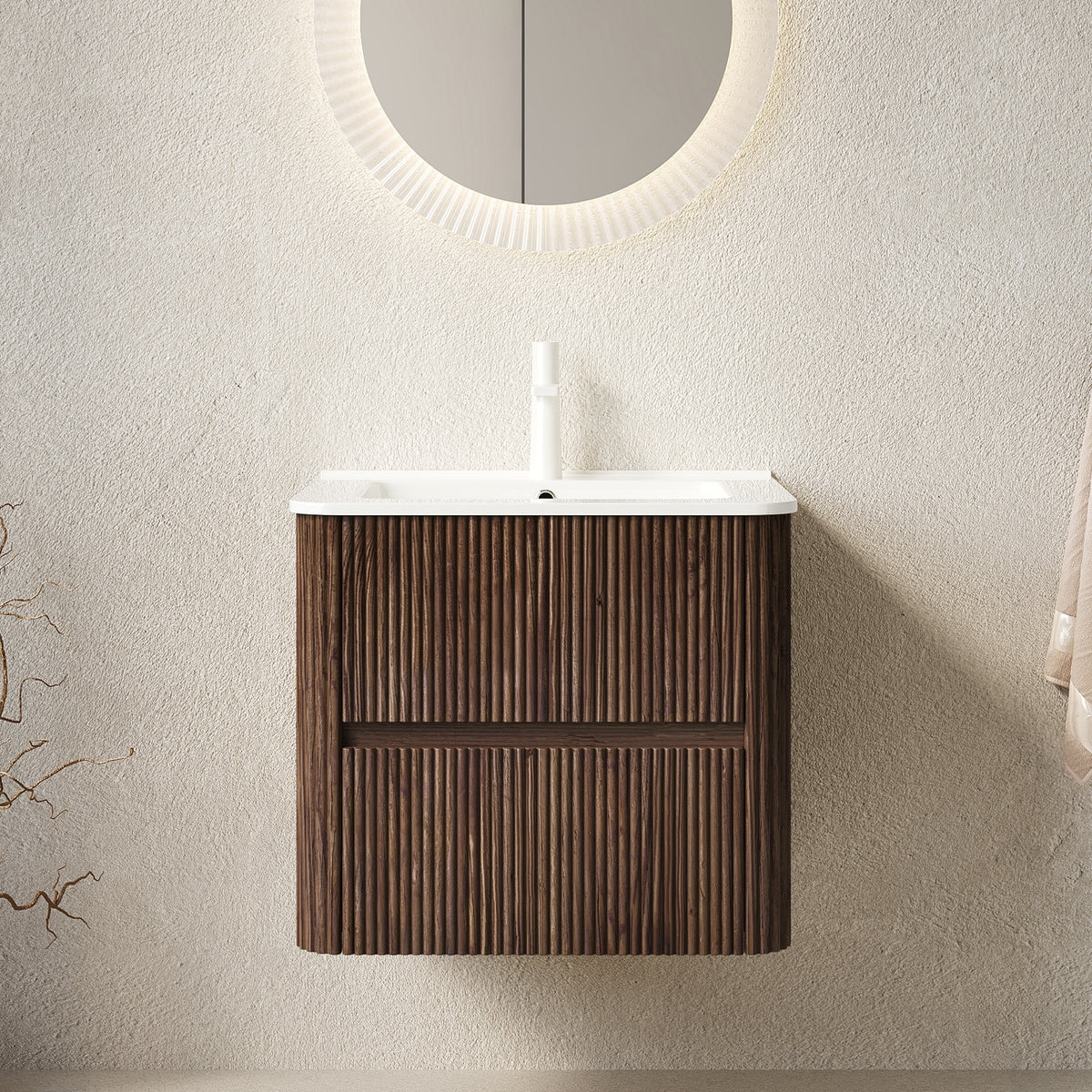 NOOR 24" Bathroom Vanity with Sink, Wall-Mounted Floating Plywood  Bathroom Storage Cabinet with 2 Drawers, White Ceramic Basin, NO Faucet, Pre-assembled, Retro Walnut Woodgrain Color